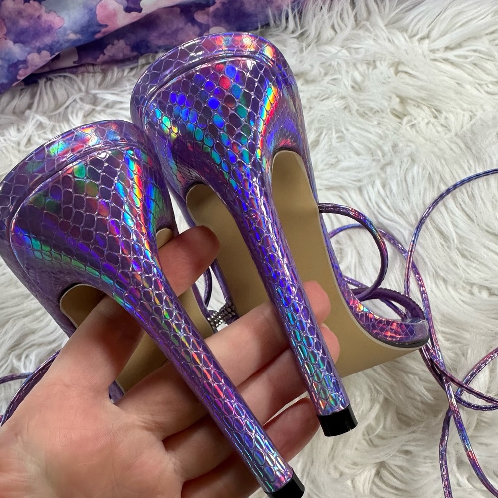 Dolls Kill • Iridescent Pointy Open Toe Wrap Up Stilettos with Rhinestones - Picture 5 of 14